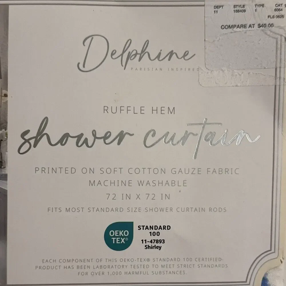 Cotton Gauze Shower Curtain 72x72 White Blue Floral Butterfly Ruffle Hem cottage